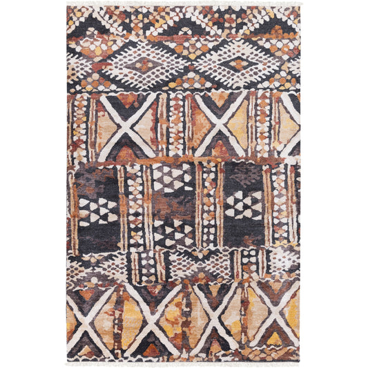 Zambia Rug - 15738 by Surya in light beige, tan, mustard, camel, brown, black. Made from 85% bamboo silk, 15% wool in a unique style.