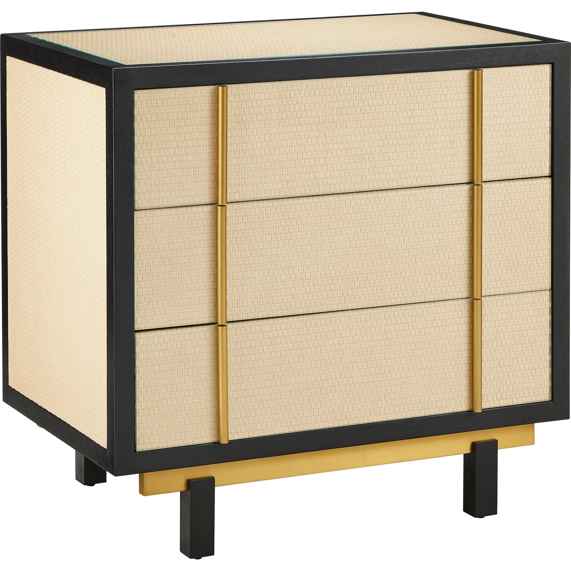 Deanna Raffia Nightstand by Currey and Company in ivory, black, brushed brass, natural, dusty blue, clear. Made from raffia, okume veneer, stainless steel, sycamore veneer, tempered glass in a modern style.