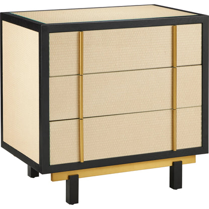 Deanna Raffia Nightstand by Currey and Company in ivory, black, brushed brass, natural, dusty blue, clear. Made from raffia, okume veneer, stainless steel, sycamore veneer, tempered glass in a modern style.
