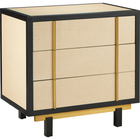 Deanna Raffia Nightstand by Currey and Company in ivory, black, brushed brass, natural, dusty blue, clear. Made from raffia, okume veneer, stainless steel, sycamore veneer, tempered glass in a modern style.