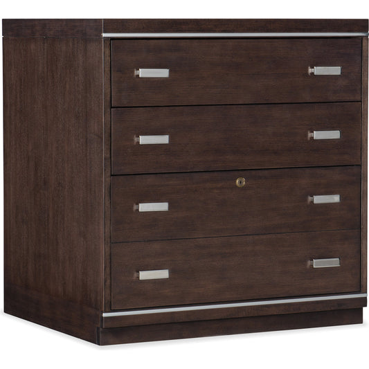 House Blend Lateral File Cabinet by Hooker Furniture in dark roast. Made from quartered ash veneers, metal in a unique style.