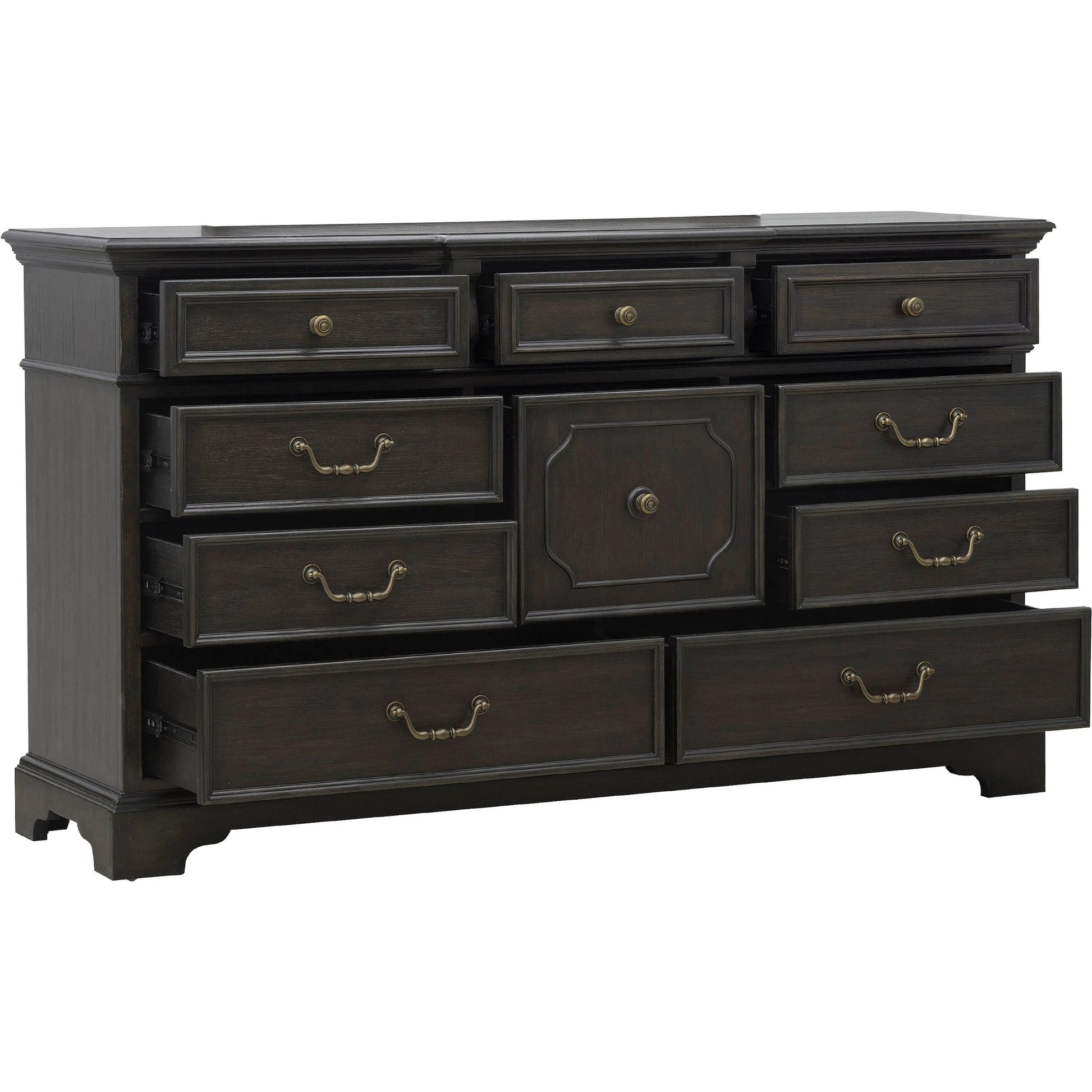 Hickory Creek 10 Drawer Dresser by Pulaski Furniture in brown velvet. Made from split heart cathedral hickory veneers in a unique style.