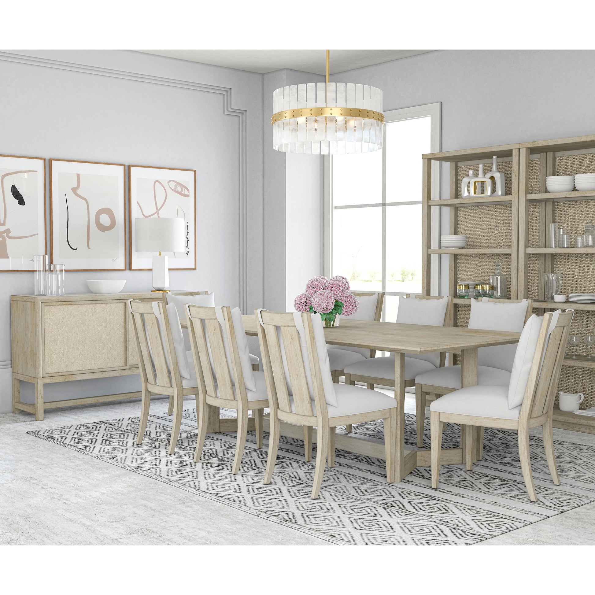 Cotiere Rectangular Dining Table by A.R.T. Furniture in linen. Made from parawood solids, mixed split cathedral quarter-white oak veneer, terrazzo stone, metal in a modern style.