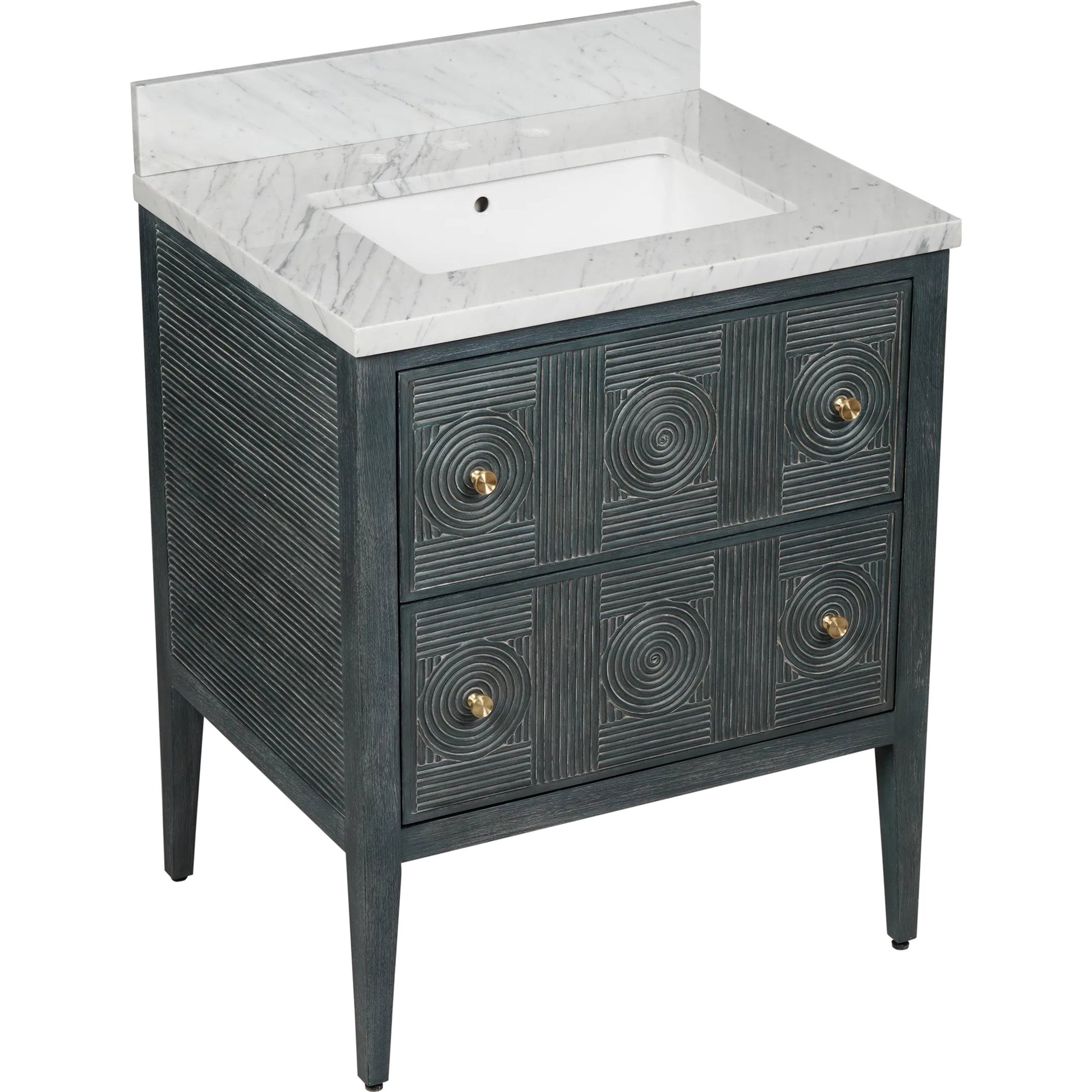 Santos 28" Vanity with Undermount Sink by Currey and Company. Made from rattan, mahogany, carrara marble, vitreous china, sungkai wood, brass in a unique style.