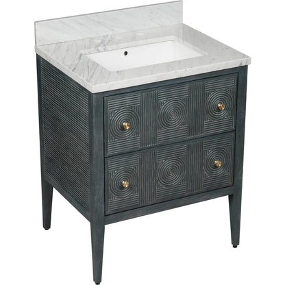 Santos 28" Vanity with Undermount Sink by Currey and Company. Made from rattan, mahogany, carrara marble, vitreous china, sungkai wood, brass in a unique style.