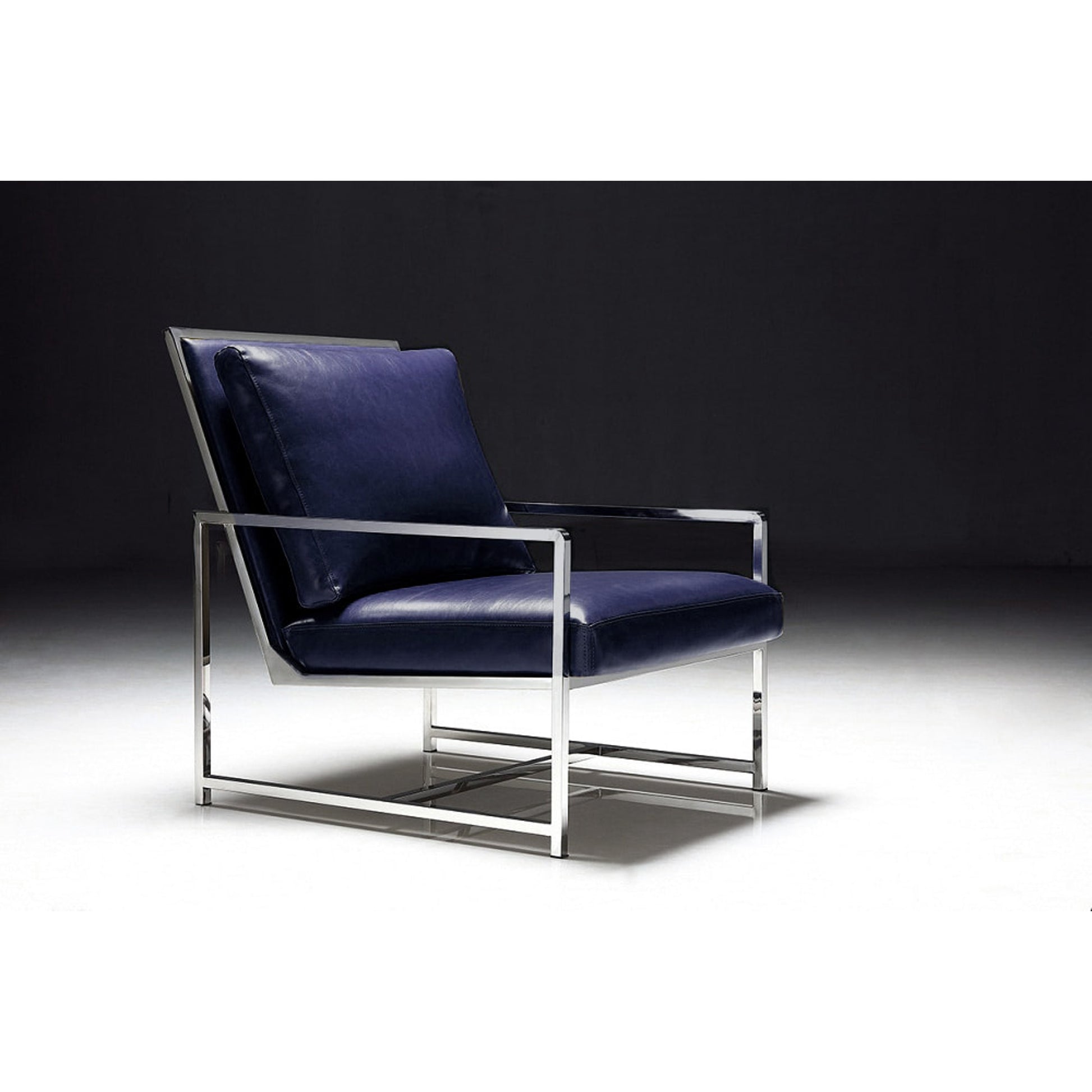 Luxe Chair by Pasargad Home in chrome and navy. Made from faux leather in a modern style.