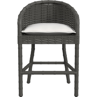Cabo Outdoor Barstool by Sunset West in dark wood. Made from resin wicker in a rustic style.