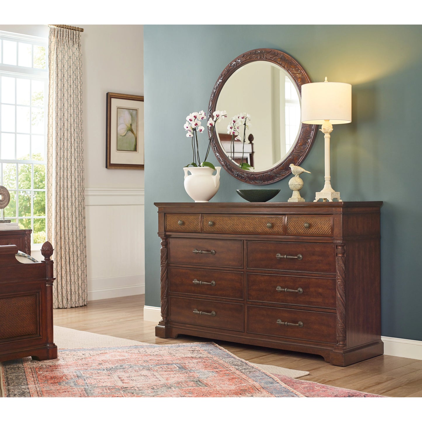 006 SI-2029040 | Lifestyle | Charleston Nine-Drawer Dresser by Hooker Furniture in maraschino cherry. Made from cherry veneers, cane, felt, resin in a traditional style.