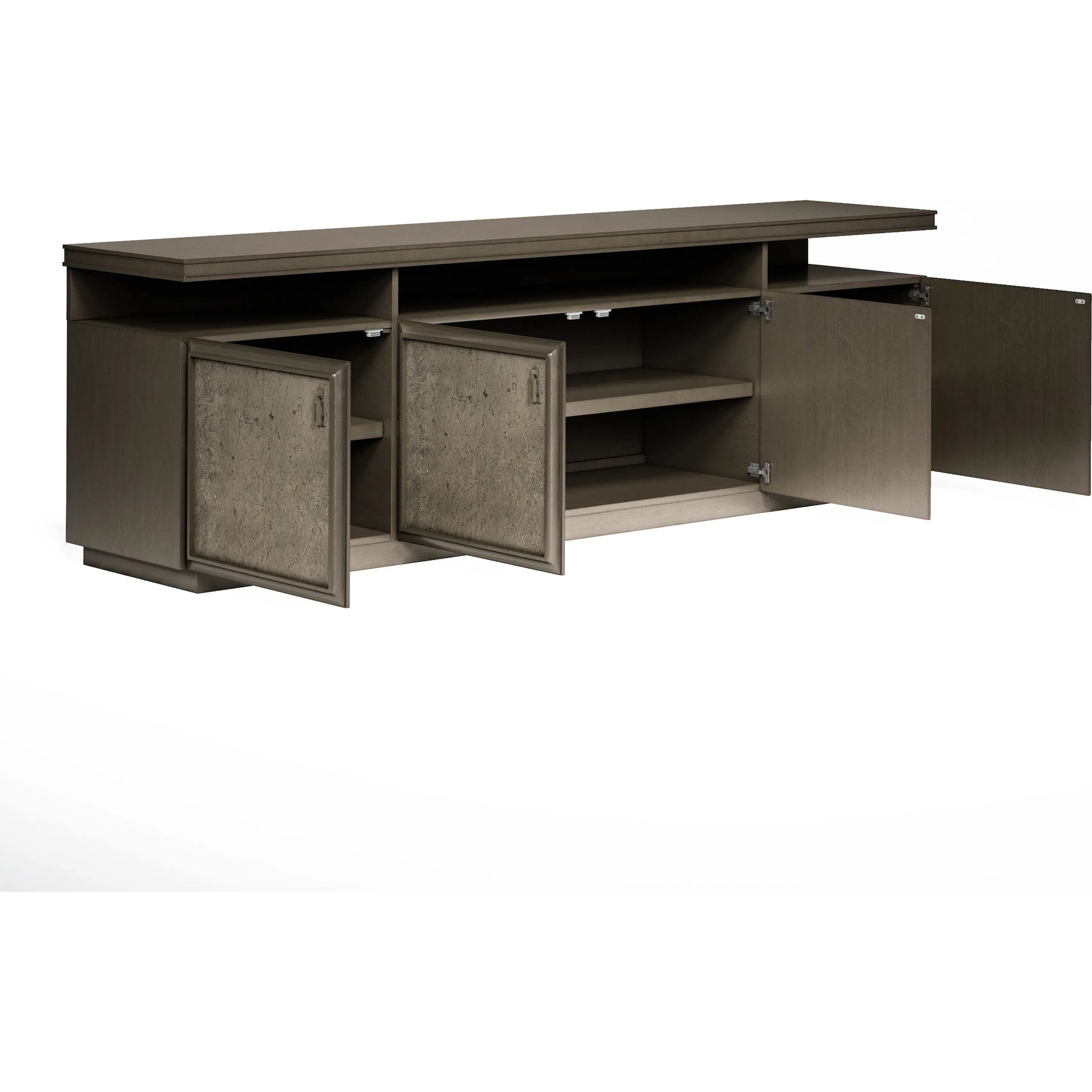 Cove Entertainment Console by A.R.T. Furniture in grey and mica. Made from rubberwood solids, primavera veneers, metal, cork in a traditional style.