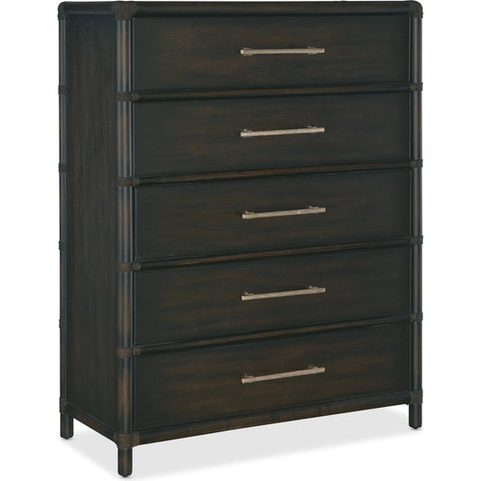Retreat Pole Rattan Five-Drawer Chest by Hooker Furniture. Made from oak, maple veneers, cedar, rope, felt in a cottage & farmhouse style.