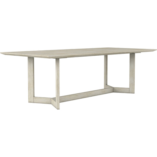 Cotiere Rectangular Dining Table by A.R.T. Furniture in linen. Made from parawood solids, mixed split cathedral quarter-white oak veneer, terrazzo stone, metal in a modern style.