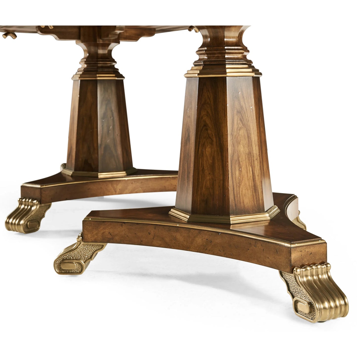 013 SI-2446832 | Closeup | Viceroy Rectangular Dining Table by Jonathan Charles in viceroy brown santos. Made from local mahogany, brass, santos rosewood crown veneer in a traditional style.