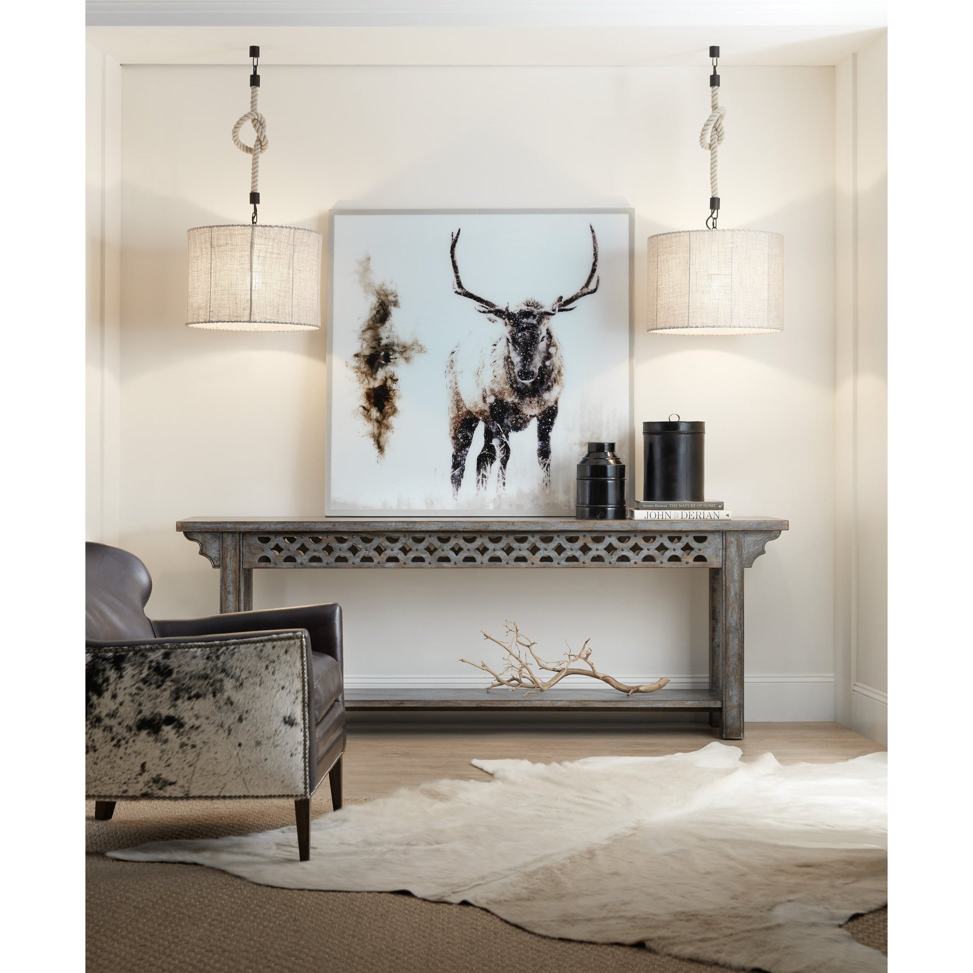 La Grange Burnham Console by Hooker Furniture in blue bonnet. Made from pecky hickory veneers, nailheads, solid-wood edge top in a modern style.