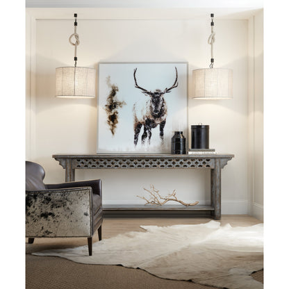 La Grange Burnham Console by Hooker Furniture in blue bonnet. Made from pecky hickory veneers, nailheads, solid-wood edge top in a modern style.