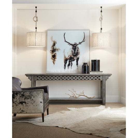 La Grange Burnham Console by Hooker Furniture in blue bonnet. Made from pecky hickory veneers, nailheads, solid-wood edge top in a modern style.