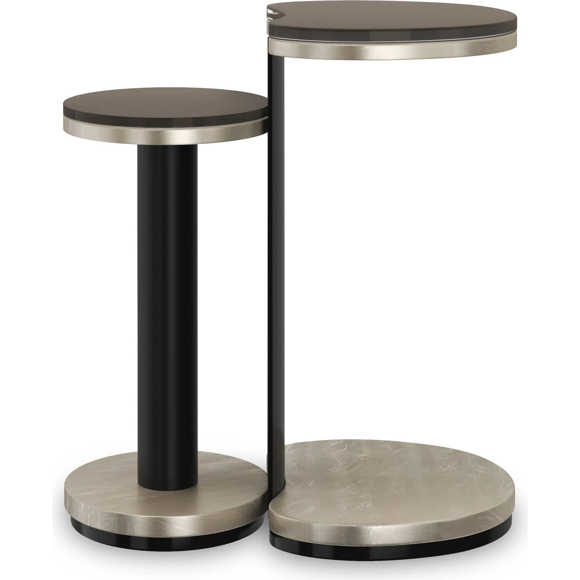 Fritza Bunching End Tables by Caracole in charcoal leaf, deep bronze, almost black. Made from asian hardwood, metal, glass in a modern style.