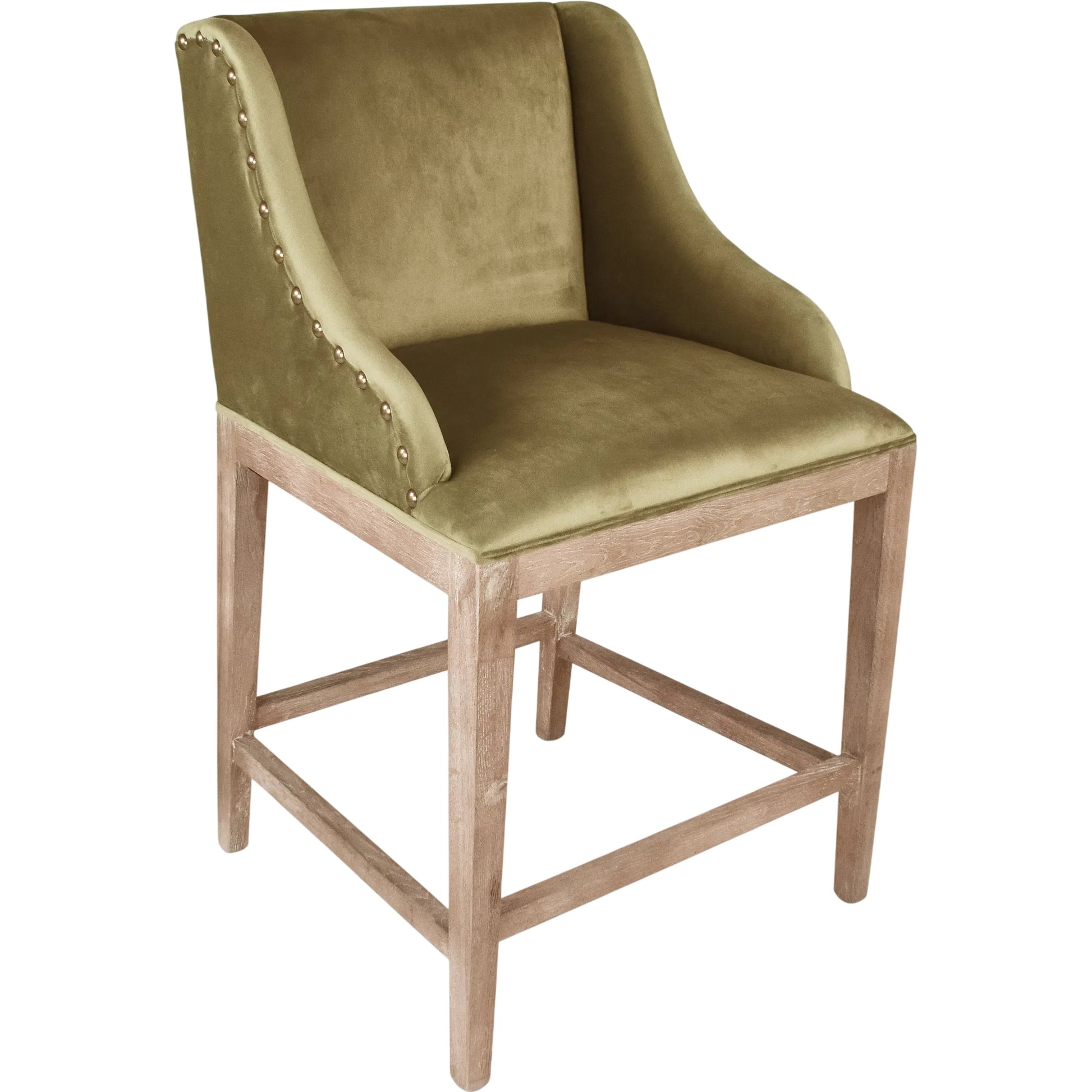 Connor Counter Stool by Zentique in limed grey oak and grey. Made from limed grey oak, green velvet in a unique style.