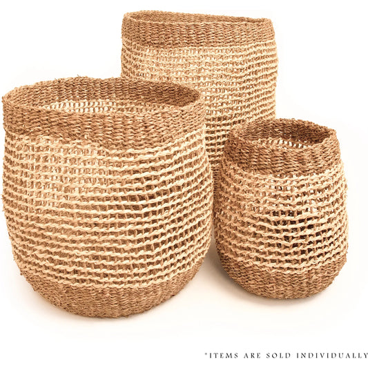 Woven Seagrass & Palm Leaf Basket by Zentique in beige, brown. Made from seagrass, palm leaf in a rustic style.