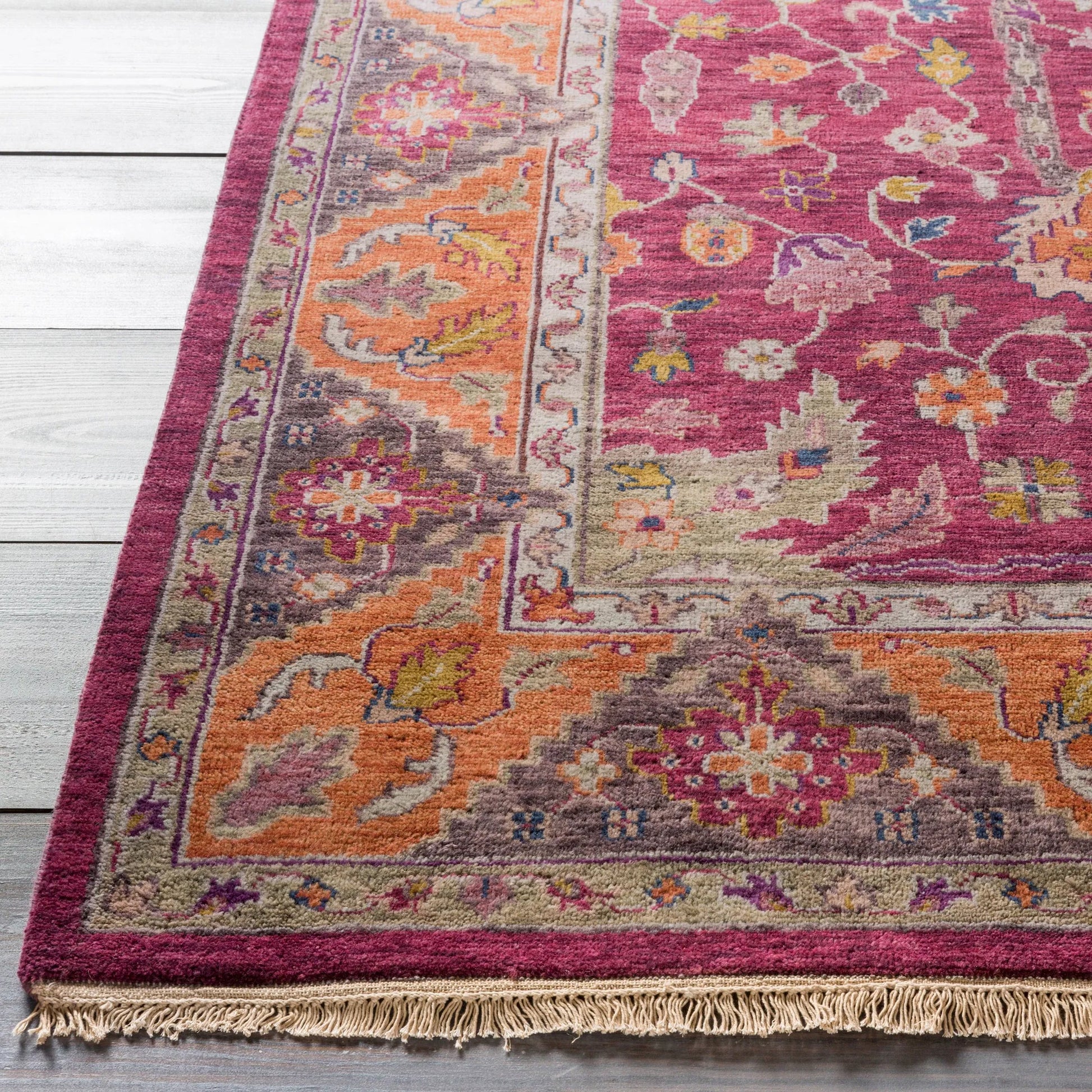ZEU-7821 Rug by Surya in plum, rust, lavender, taupe, mauve, tan. Made from 100% wool in a unique style.
