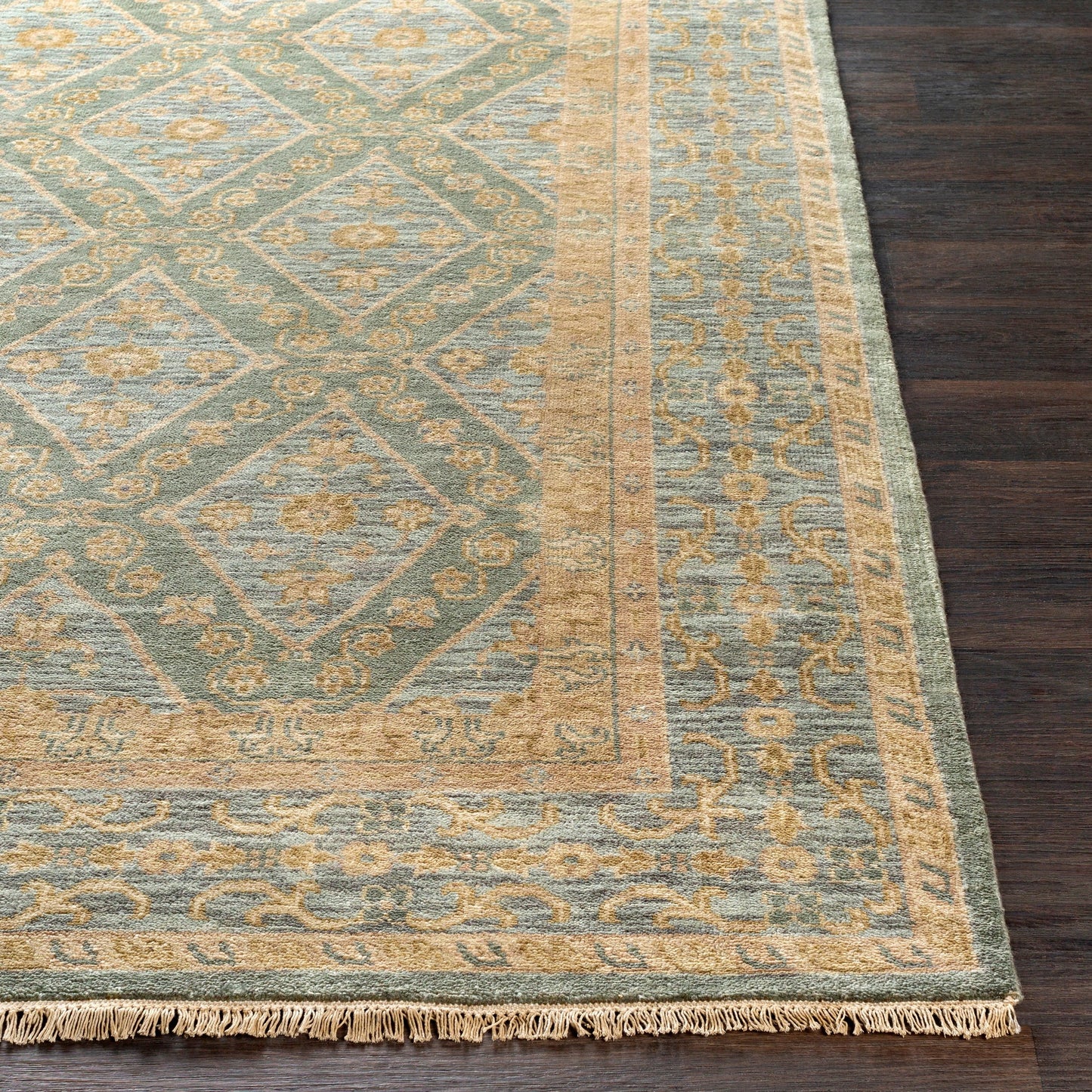 003 55930-9991,55930-9992 | Closeup | Zeus Rug - 12623 by Surya in sage, denim, beige, light brown. Made from 100% wool in a unique style.