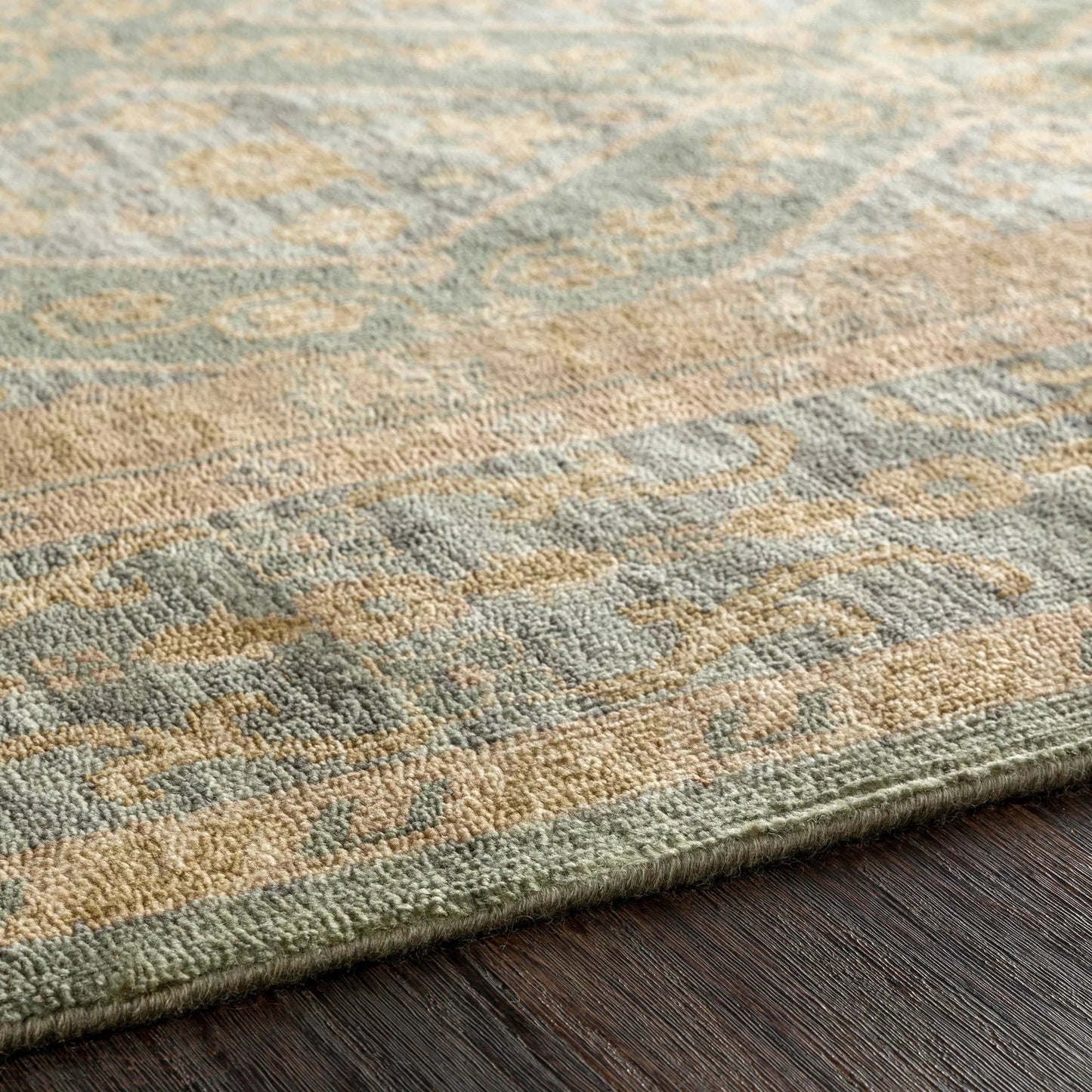 005 55930-9991,55930-9992 | Closeup | Zeus Rug - 12623 by Surya in sage, denim, beige, light brown. Made from 100% wool in a unique style.