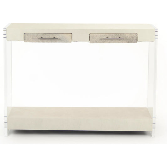 Parker Acrylic Console by Zentique in white vinyl, gray cowhide and acrylic. Made from unique in a modern style.