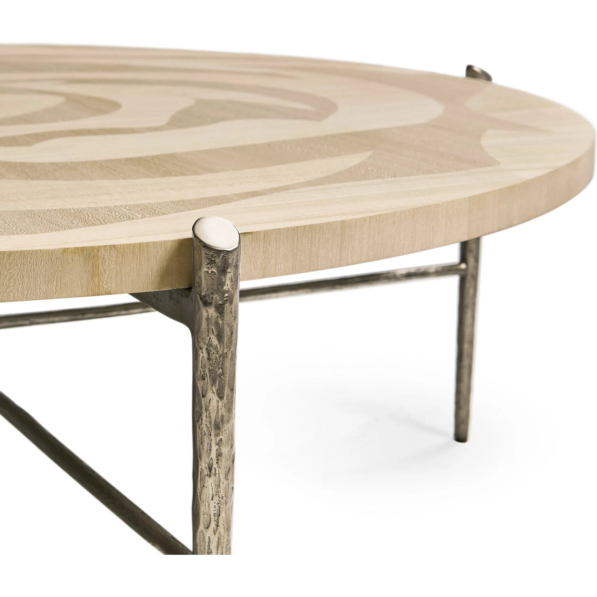 Tidepool Round Cocktail Table by Jonathan Charles in beige and natural dyed koto. Made from koto veneer, stainless steel in a transitional style.