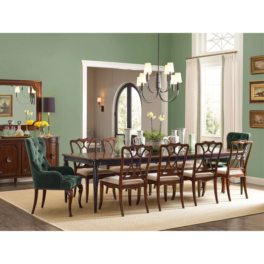 Charleston Rectangle Leg Dining Table by Hooker Furniture in black cherry, maraschino cherry. Made from cherry, walnut veneers with maple inlay, solid-wood edge top in a transitional style.