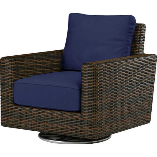Montecito Outdoor Swivel Rocker Club Chair by Sunset West in cognac. Made from resin wicker in a modern style.