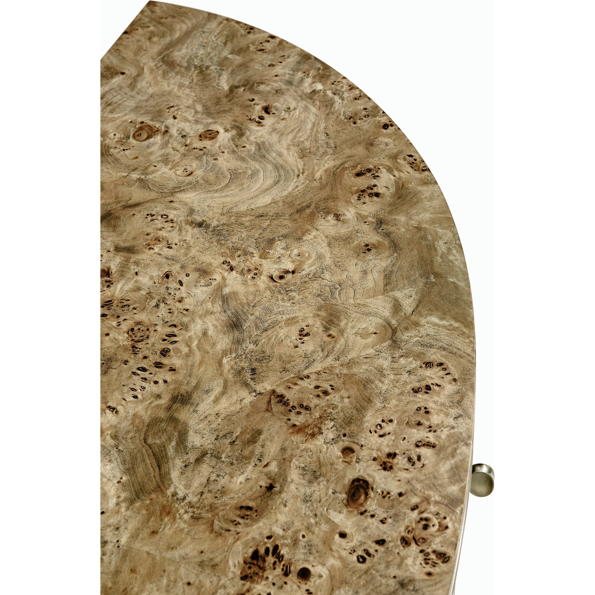 Reimagined Fulgurite Mappa Burl Demilune by Jonathan Charles in golden amber. Made from mappa burl veneer, brass hardware in a modern style.
