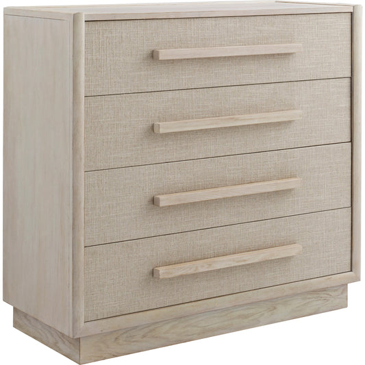 Cotiere Drawer Chest by A.R.T. Furniture in beige and linen. Made from parawood solids, mixed split cathedral quarter-wite oak veneer, fabric in a modern style.