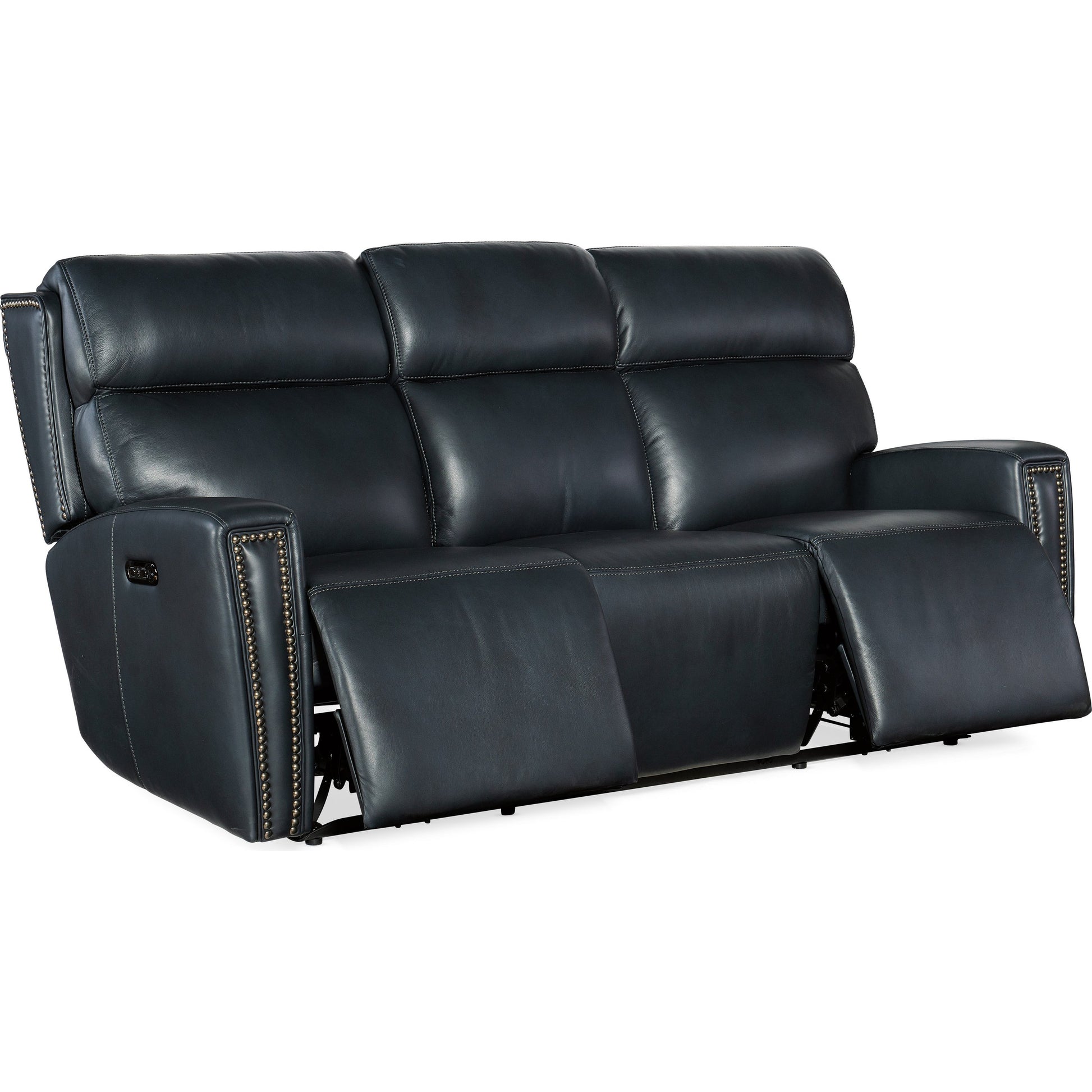 Ruthe Zerog Power Sofa by Hooker Furniture in salvo denim. Made from leather in a traditional style.