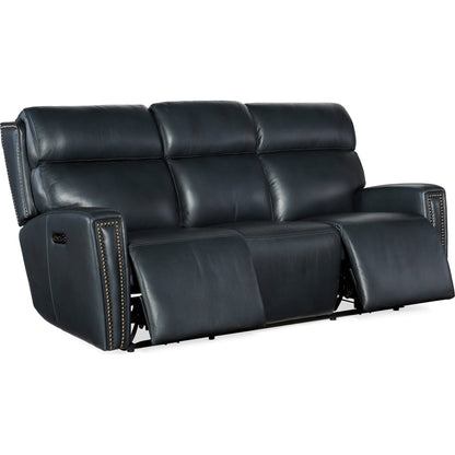 Ruthe Zerog Power Sofa by Hooker Furniture in salvo denim. Made from leather in a traditional style.