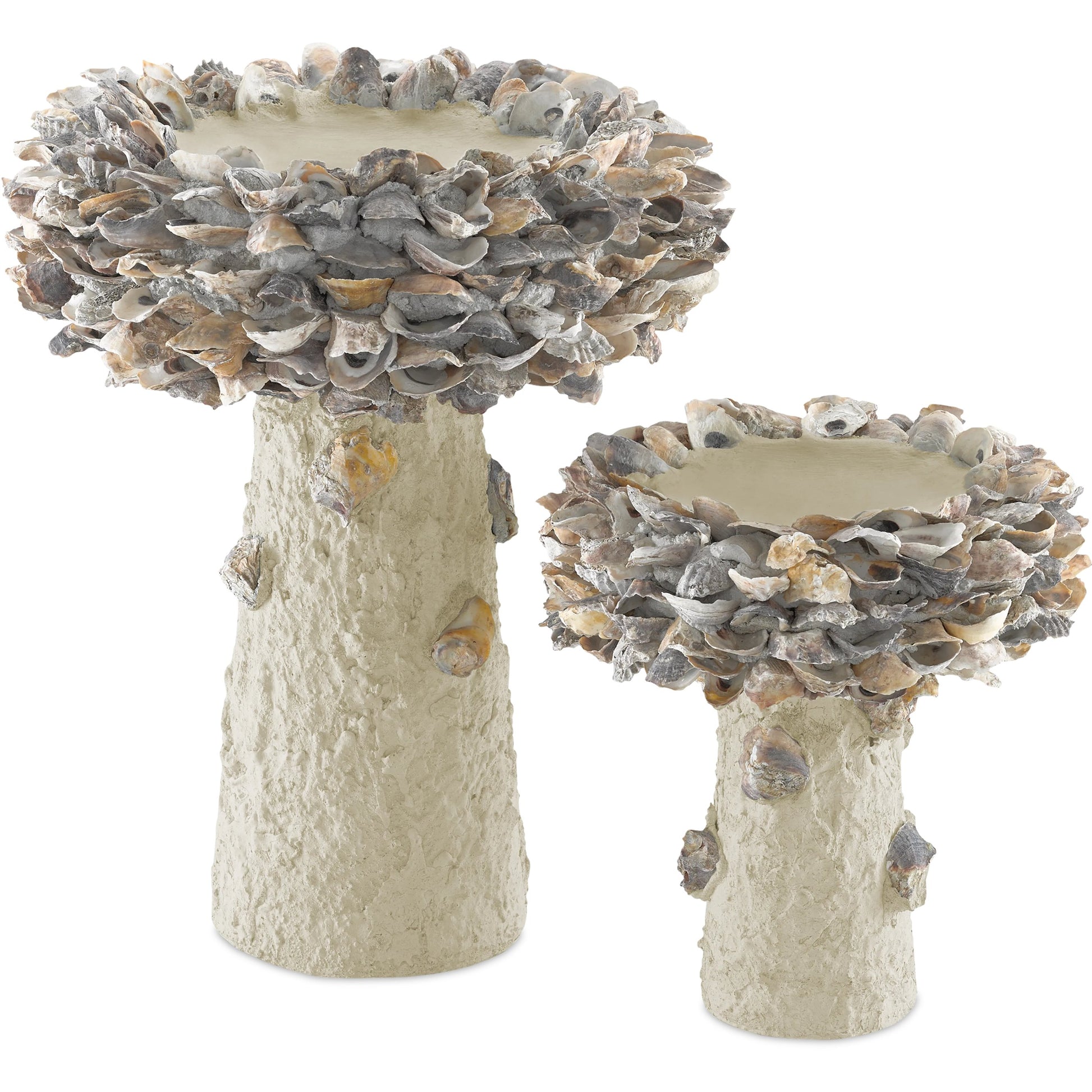 Oyster Shell Bird Bath by Currey and Company. Made from oyster shells, concrete, iron in a eclectic & global style.