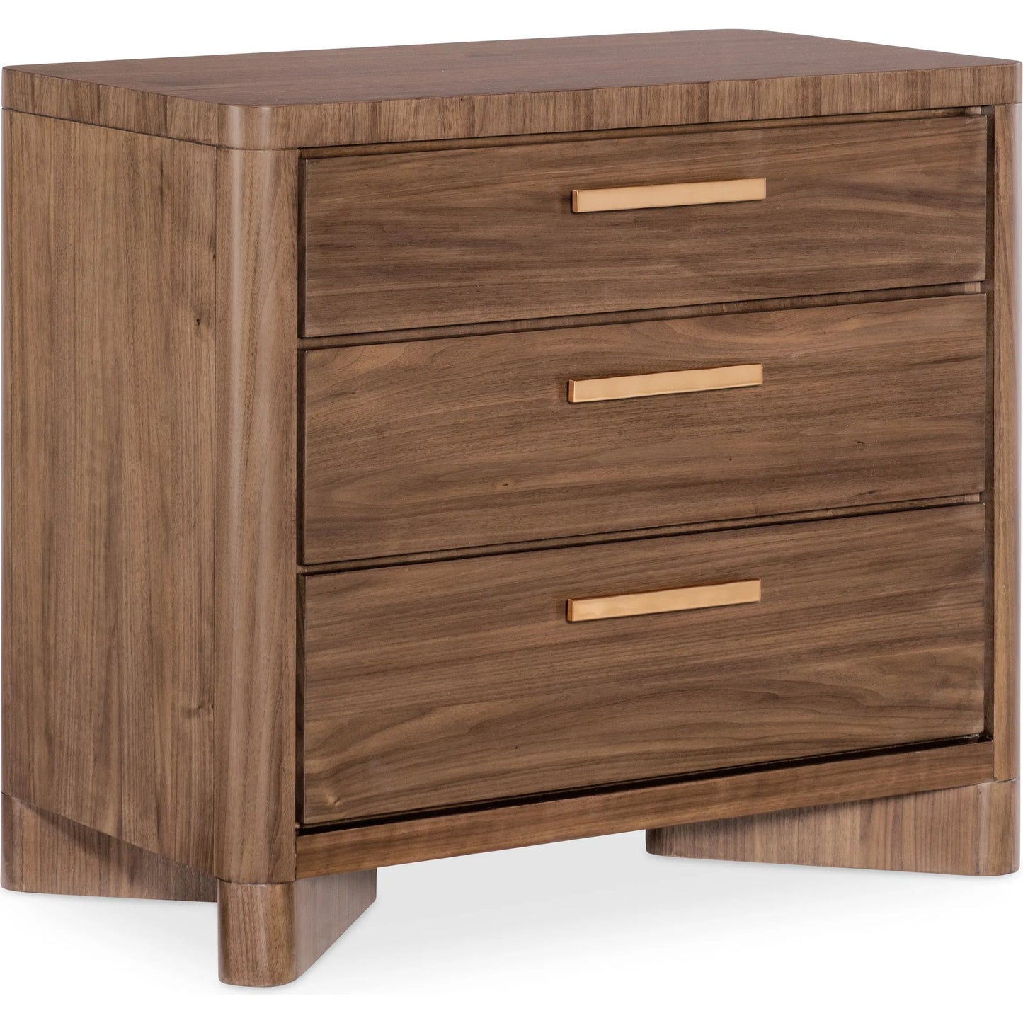 001 SI-2458585 | Primary Silo | Eleana Three Drawer Nightstand by Hooker Furniture in light caramel, quartered walnut veneers, sunlit bronze metal. Made from walnut veneers in a modern style.