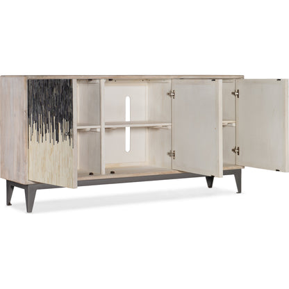 Three Door Entertainment Console by Hooker Furniture in rustic light mango. Made from mango wood with iron, bone in a transitional style.