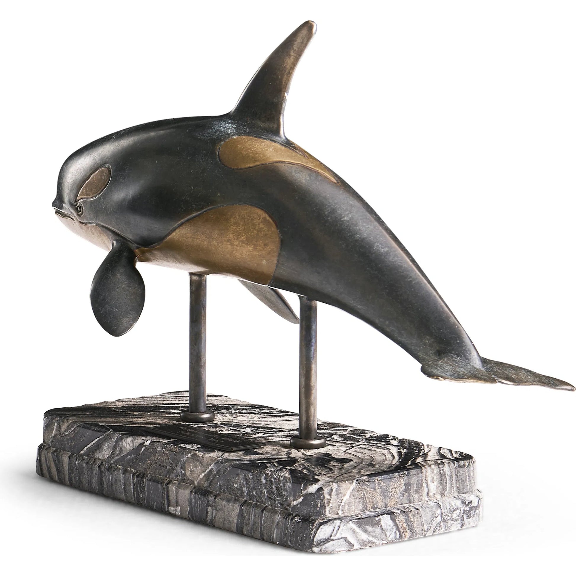 Killer Whale Bronze Statue with Marble Base by Jonathan Charles in dark rustic waxed bronze. Made from main brass in a unique style.