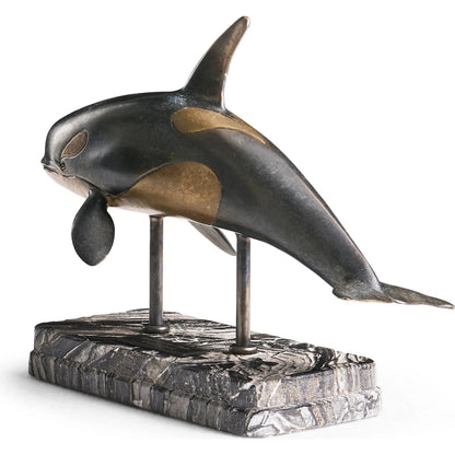Killer Whale Bronze Statue with Marble Base by Jonathan Charles in dark rustic waxed bronze. Made from main brass in a unique style.