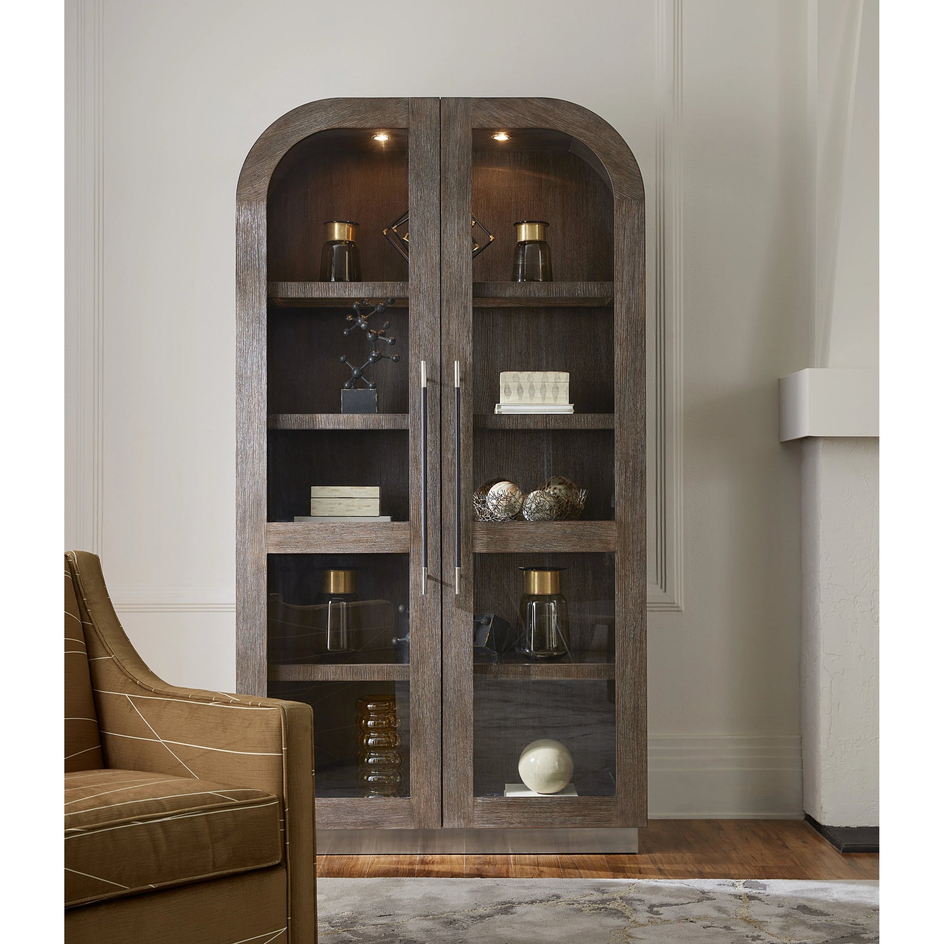 Modern Mood Display Cabinet by Hooker Furniture. Made from oak veneers, metal, glass in a modern style.