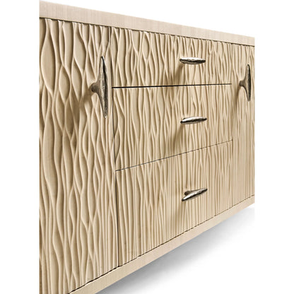 Water Breaker Mixed Media Credenza by Jonathan Charles in beige and ash blonde. Made from dyed koto veneer, bone, leather, metal in a transitional style.