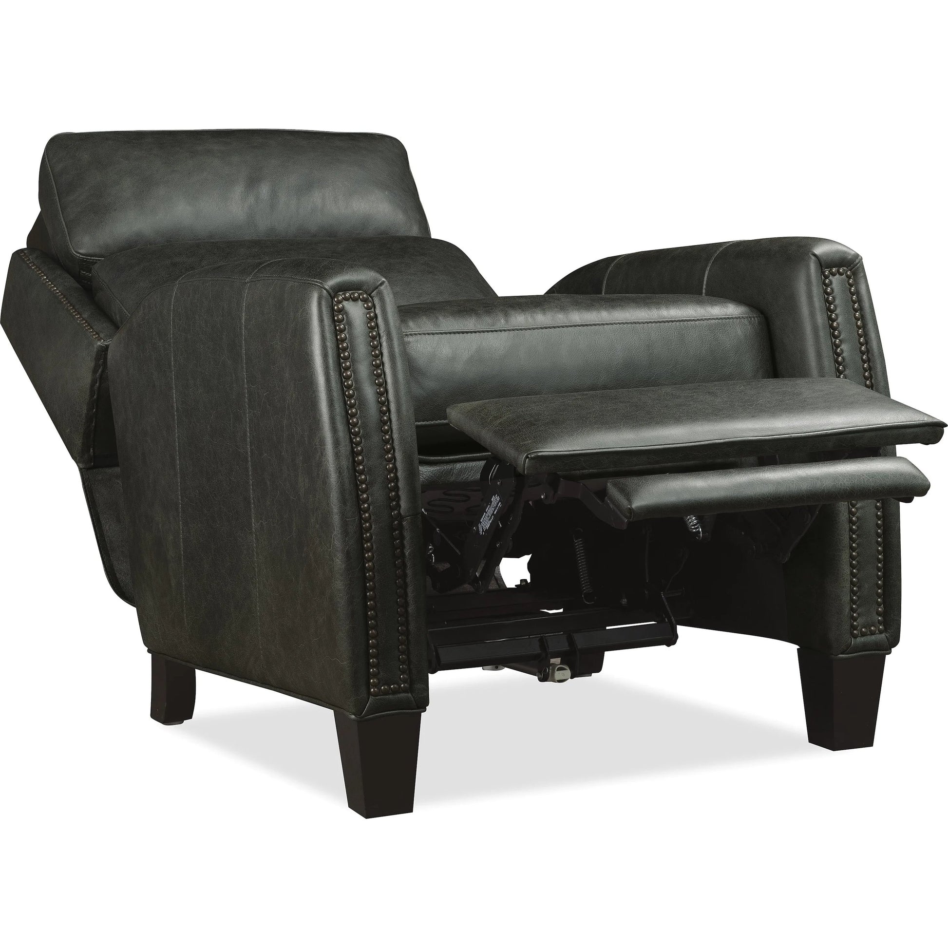 Jacklyn Power Recliner with Pop-Up Headrest by Hooker Furniture in dark wood. Made from leather in a traditional style.
