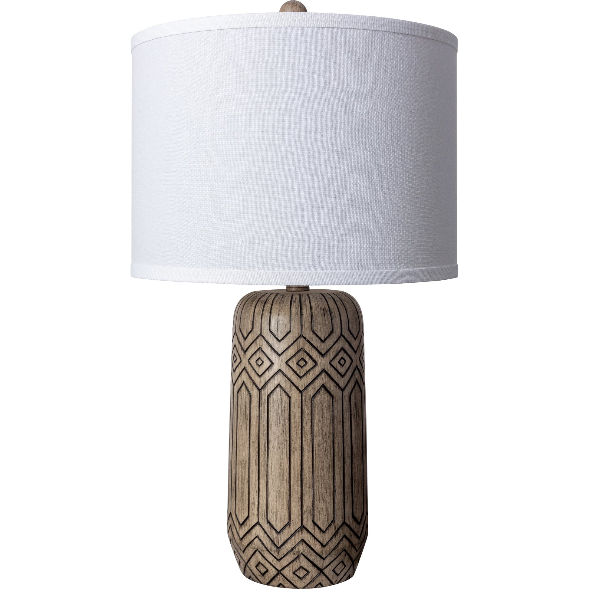 Zigmund Accent Table Lamp by Surya in white, metallic nickel, translucent, brown and hand painted. Made from body: resin, shade (outside): linen, shade (inside): polyester, finial: metal in a modern style.