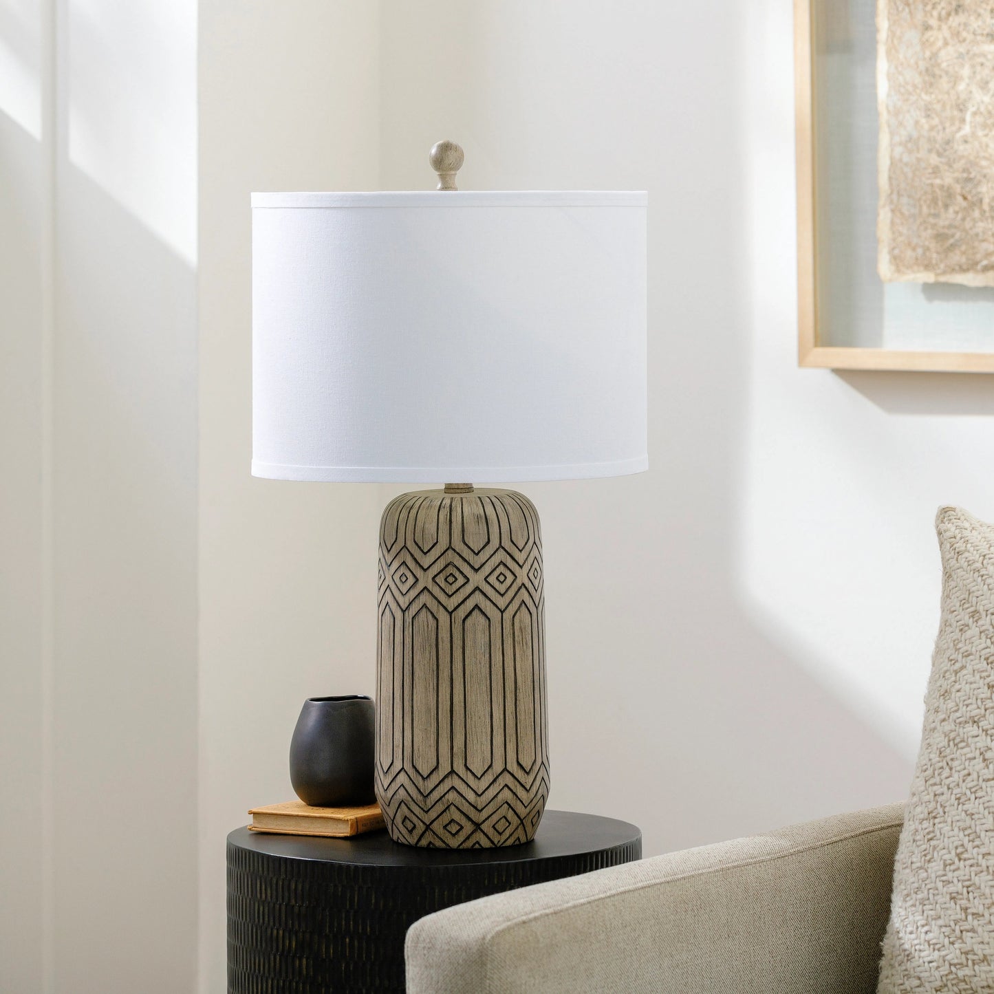 003 SI-2052649 | Lifestyle | Zigmund Accent Table Lamp by Surya in white, metallic nickel, translucent, brown and hand painted. Made from body: resin, shade (outside): linen, shade (inside): polyester, finial: metal in a modern style.