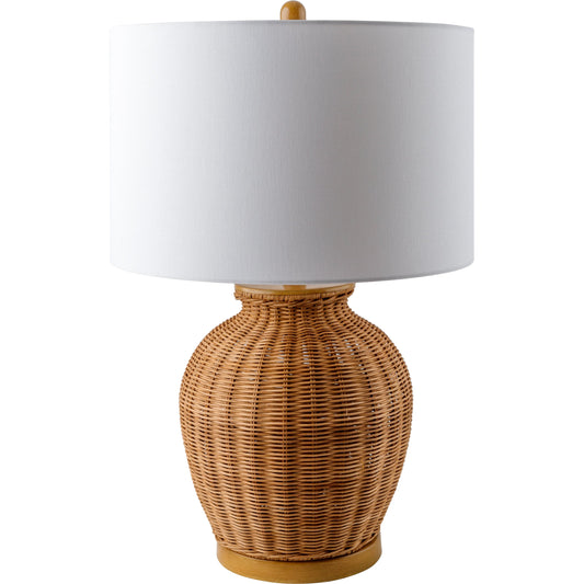001 SI-2133008 | Primary Silo | Ziran Accent Table Lamp by Surya in body: beige, base: brown, shade: white, finial: beige, harp: metallic - gold, cord: translucent and paintednaturalhand painted. Made from body: rattan, shade (outside): linen, finial: meta