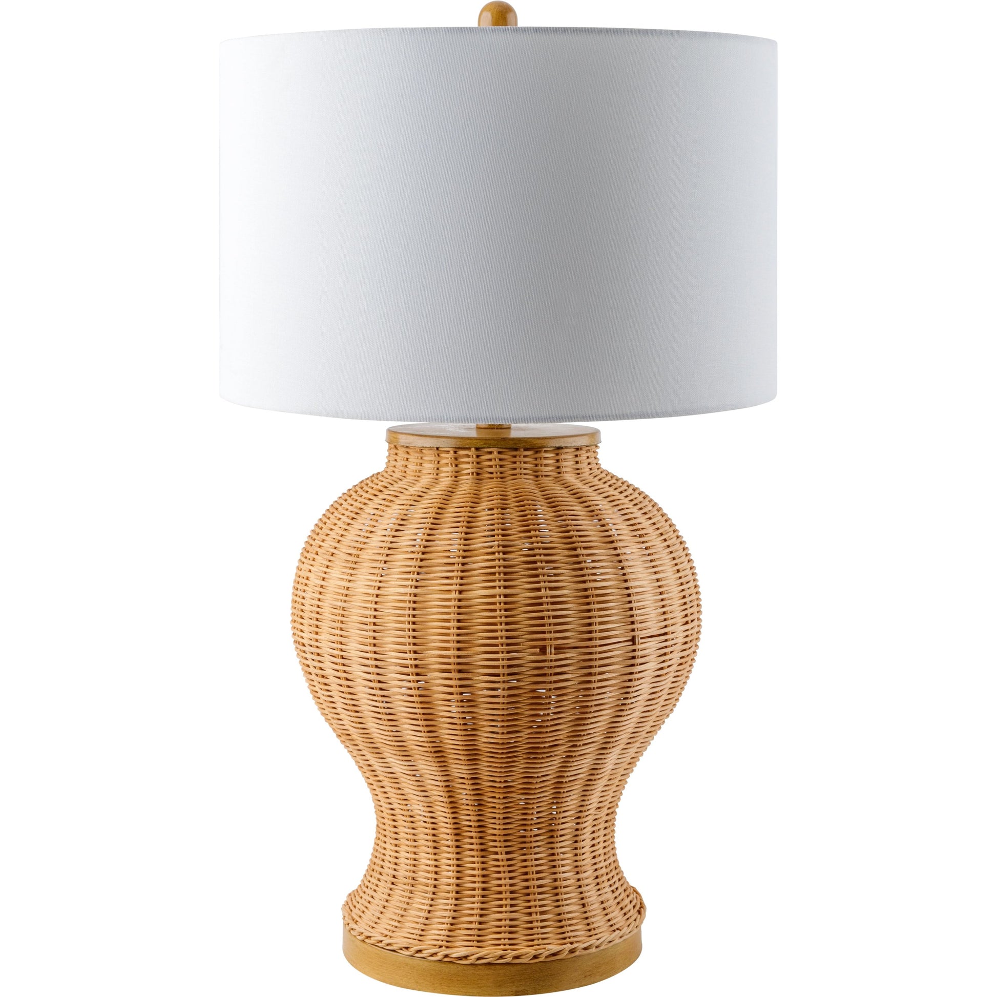 Ziran Accent Table Lamp by Surya in body: beige, base: brown, shade: white, finial: beige, harp: metallic - gold, cord: translucent and hand painted. Made from body: rattan, shade (outside): linen, finial: metal in a cottage