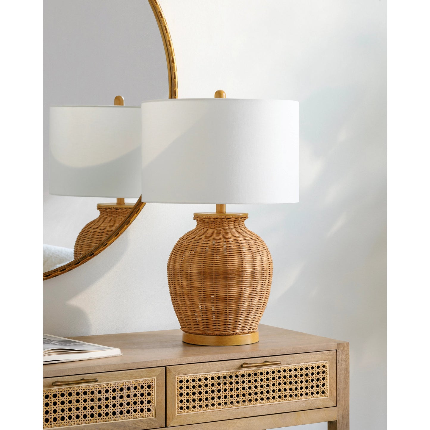 002 SI-2133008 | Lifestyle | Ziran Accent Table Lamp by Surya in body: beige, base: brown, shade: white, finial: beige, harp: metallic - gold, cord: translucent and paintednaturalhand painted. Made from body: rattan, shade (outside): linen, finial: metal i