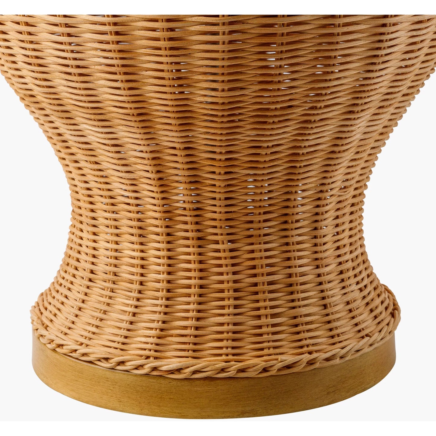 002 SI-2133009 | Closeup | Ziran Accent Table Lamp by Surya in beige, translucent, white, metallic gold, brown and hand painted. Made from body: rattan, shade (outside): linen, finial: metal in a cottage & farmhouse style.