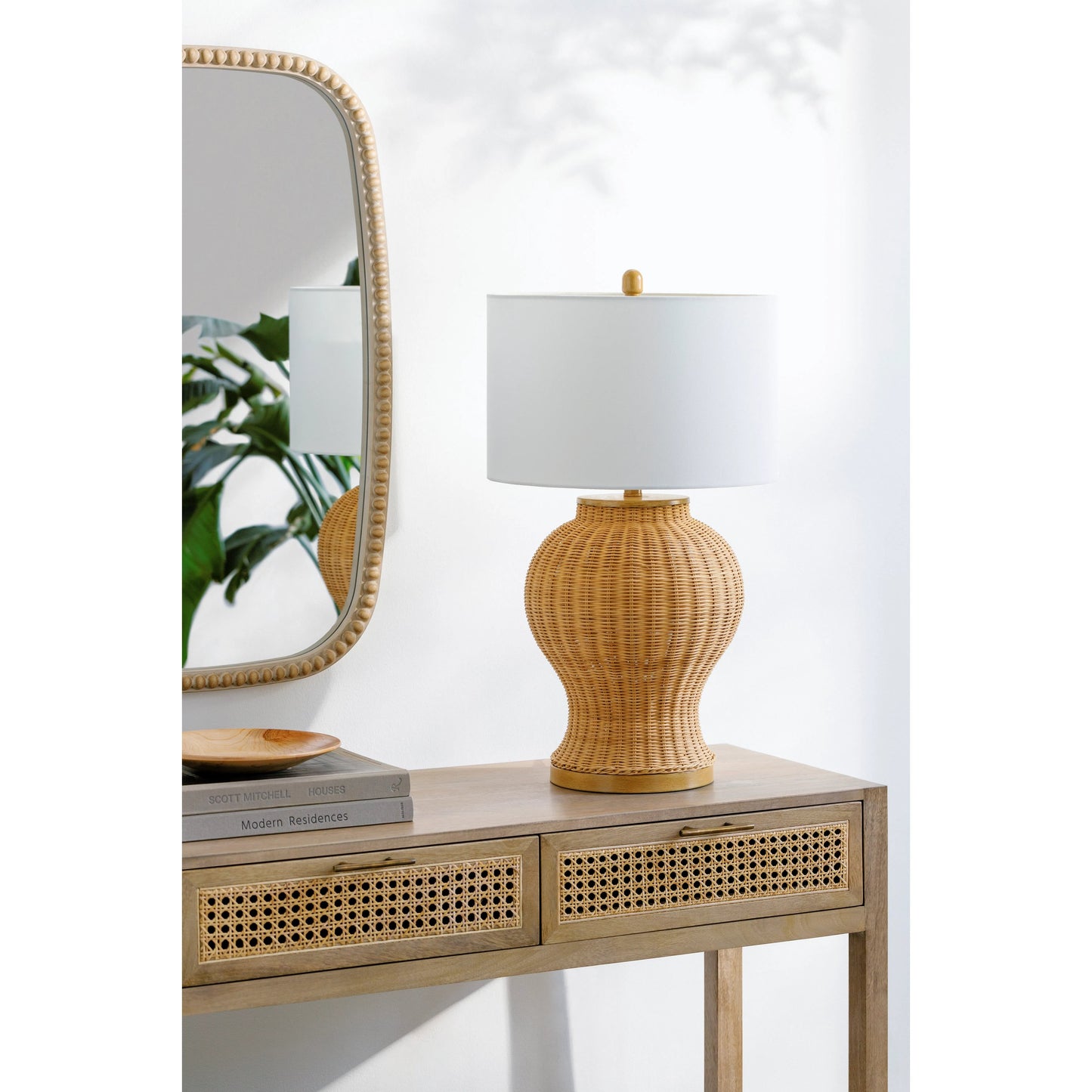 002 SI-2133009 | Lifestyle | Ziran Accent Table Lamp by Surya in body: beige, base: brown, shade: white, finial: beige, harp: metallic - gold, cord: translucent and hand painted. Made from body: rattan, shade (outside): linen, finial: metal in a cottage & 