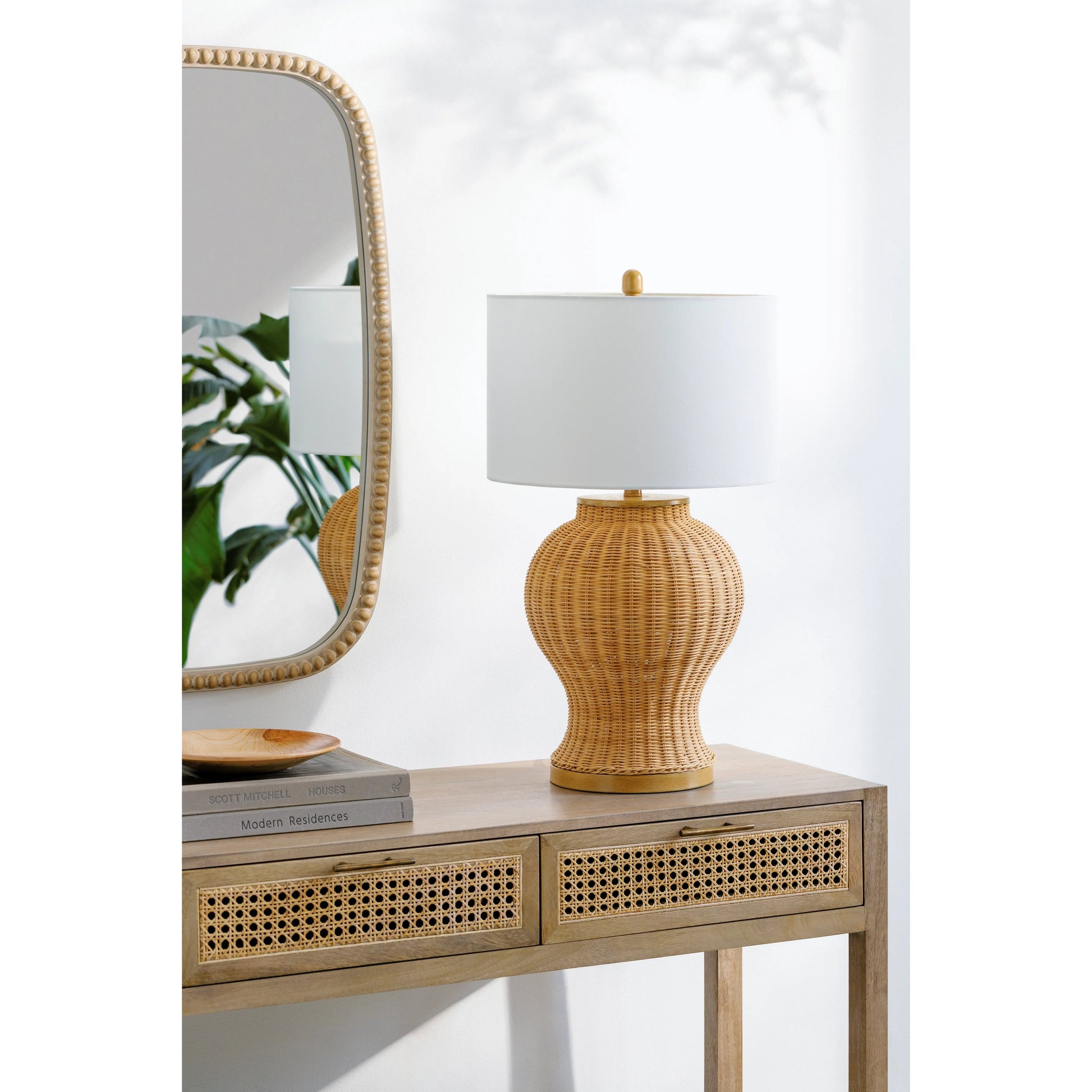 Ziran Accent Table Lamp by Surya in body: beige, base: brown, shade: white, finial: beige, harp: metallic - gold, cord: translucent and hand painted. Made from body: rattan, shade (outside): linen, finial: metal in a cottage & 