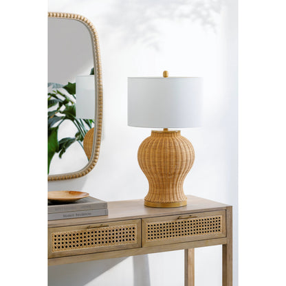 Ziran Accent Table Lamp by Surya in body: beige, base: brown, shade: white, finial: beige, harp: metallic - gold, cord: translucent and hand painted. Made from body: rattan, shade (outside): linen, finial: metal in a cottage & 